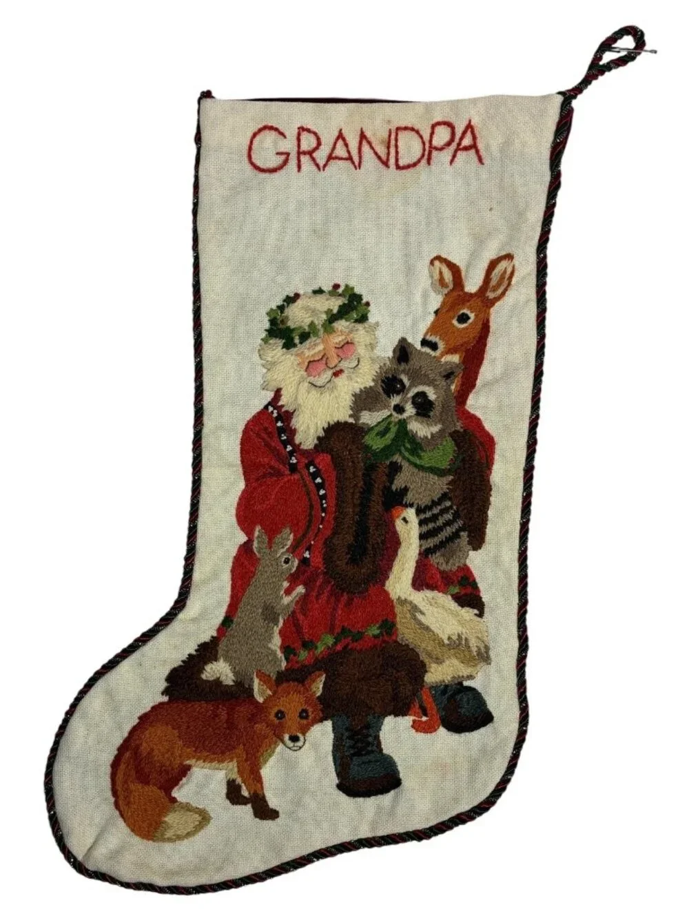 2 VTG 1980s Needlepoint Crewel Christmas Stockings Santa Claus Animals Grandpa